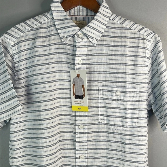 WEATHERPROOF NWT Washable Linen Blue Stripe Button Down Shirt Preppy Size S - Picture 3 of 13